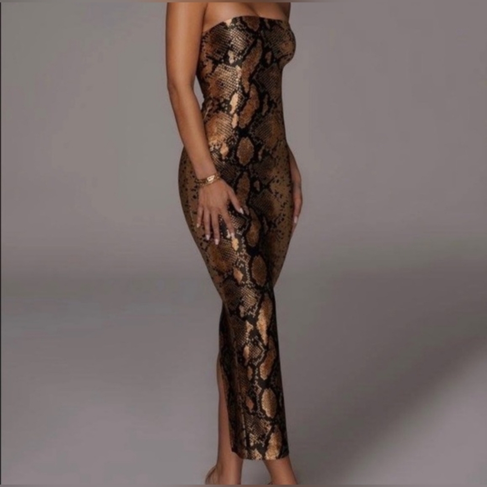 JLUXLABEL Satin Python Strapless Edgy Gothic Mobwife Slit Zip Maxi Dress